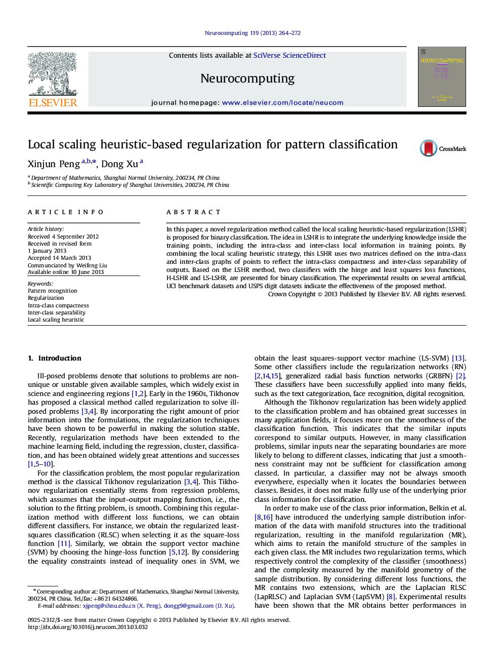 Local scaling heuristic-based regularization for pattern classification