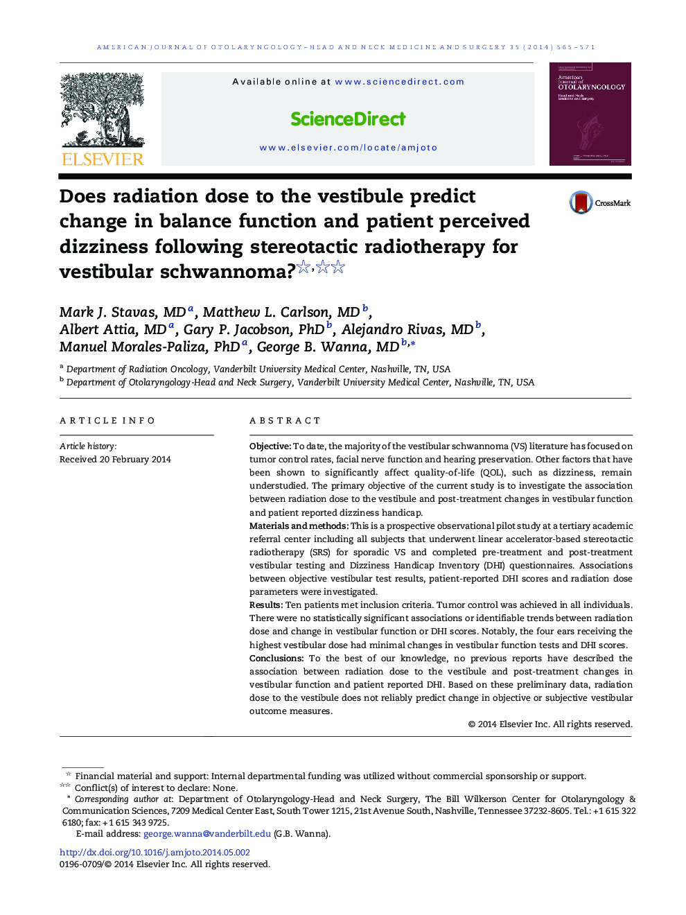 Does radiation dose to the vestibule predict change in balance function and patient perceived dizziness following stereotactic radiotherapy for vestibular schwannoma? 