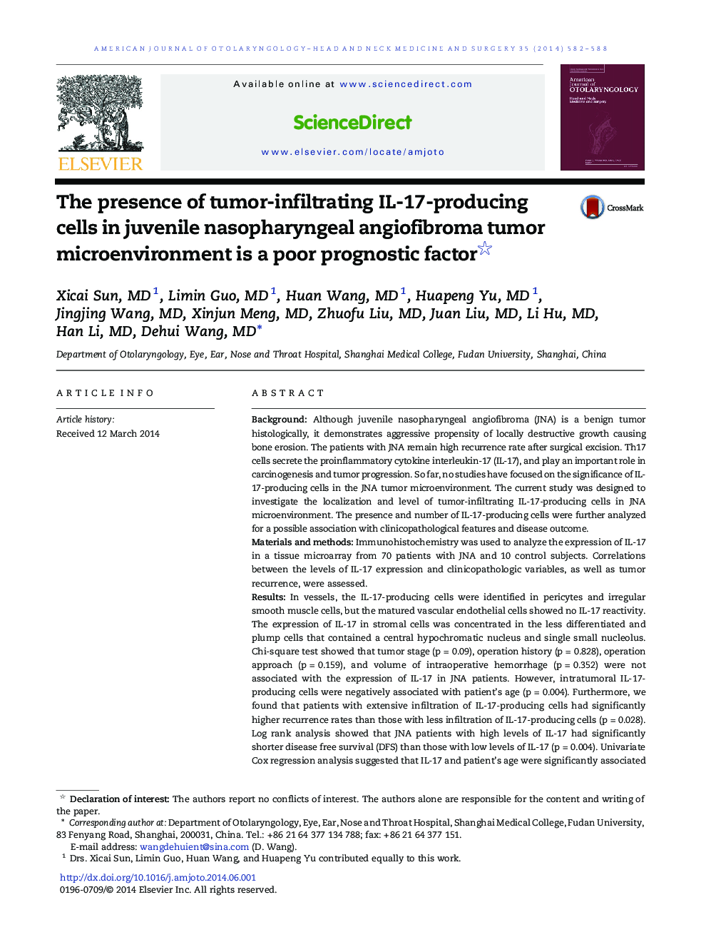 The presence of tumor-infiltrating IL-17-producing cells in juvenile nasopharyngeal angiofibroma tumor microenvironment is a poor prognostic factor 