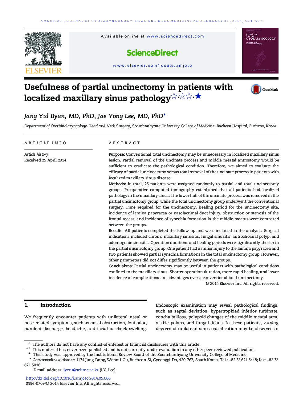 Usefulness of partial uncinectomy in patients with localized maxillary sinus pathology ★