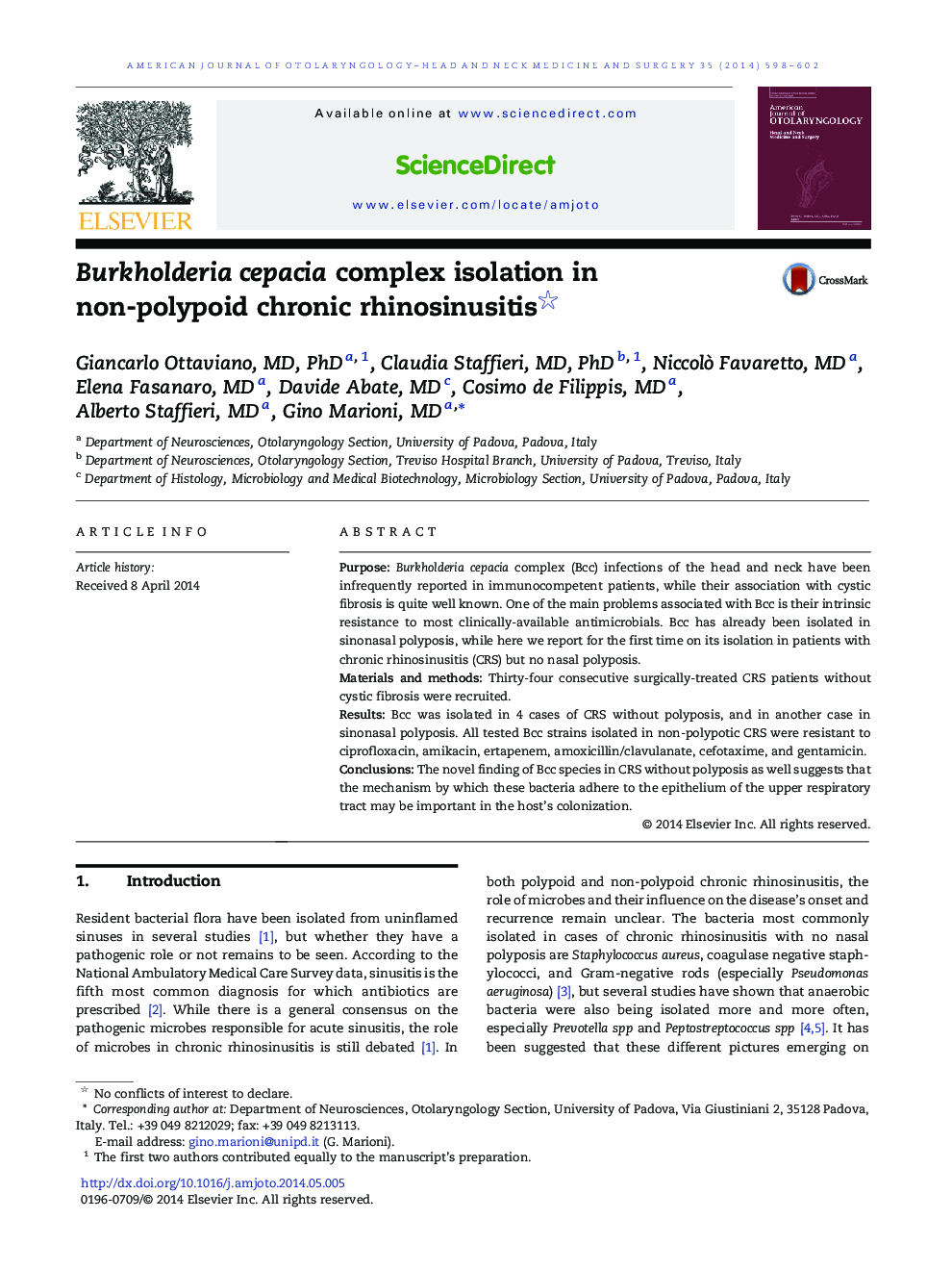 Burkholderia cepacia complex isolation in non-polypoid chronic rhinosinusitis 