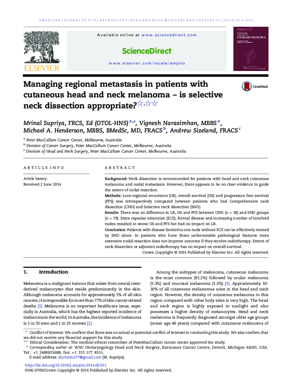 Managing regional metastasis in patients with cutaneous head and neck melanoma – is selective neck dissection appropriate? 