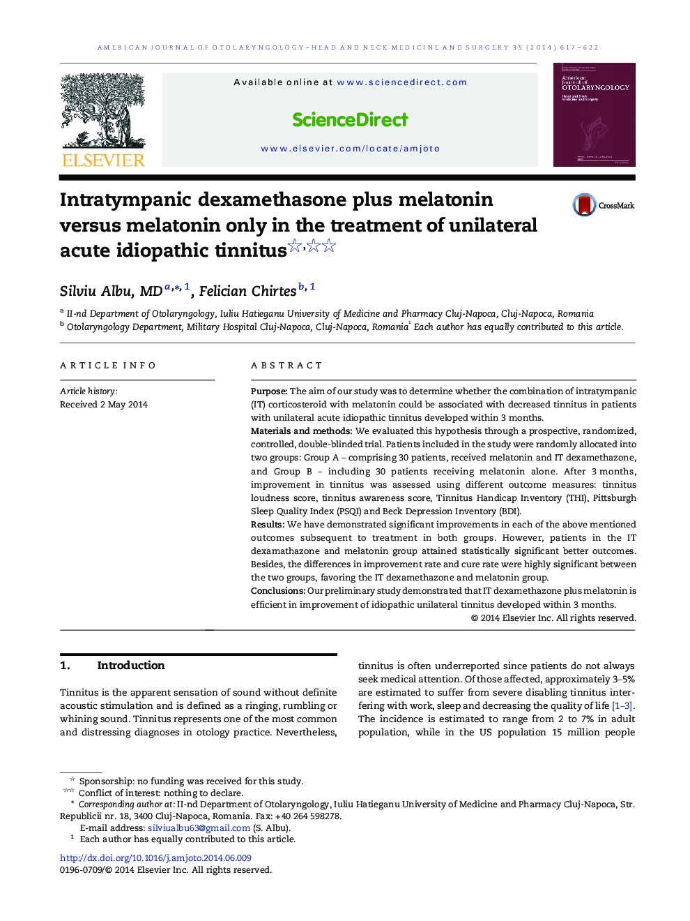 Intratympanic dexamethasone plus melatonin versus melatonin only in the treatment of unilateral acute idiopathic tinnitus 