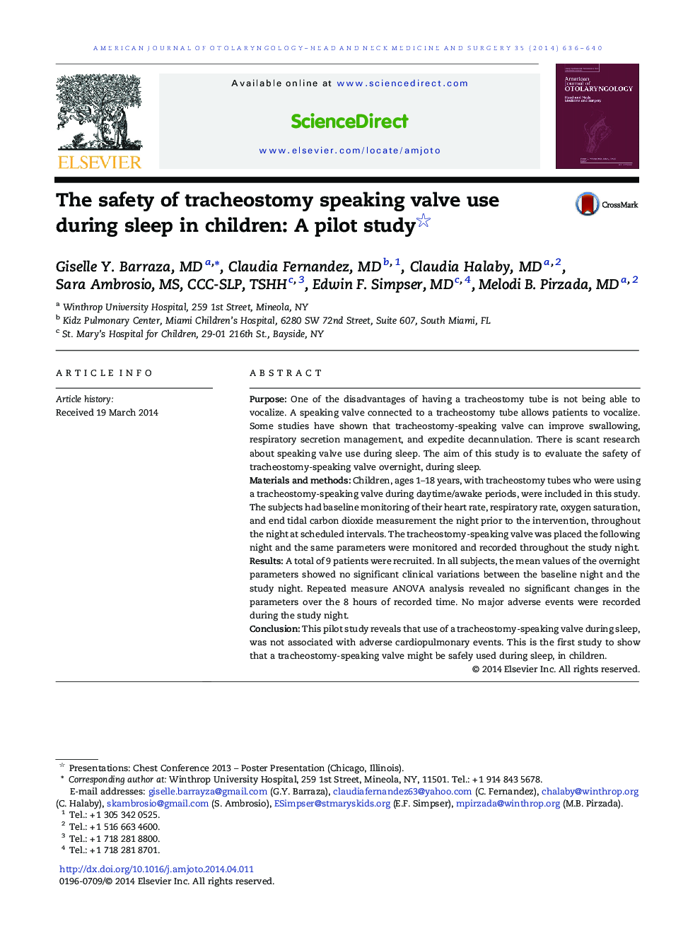The safety of tracheostomy speaking valve use during sleep in children: A pilot study 