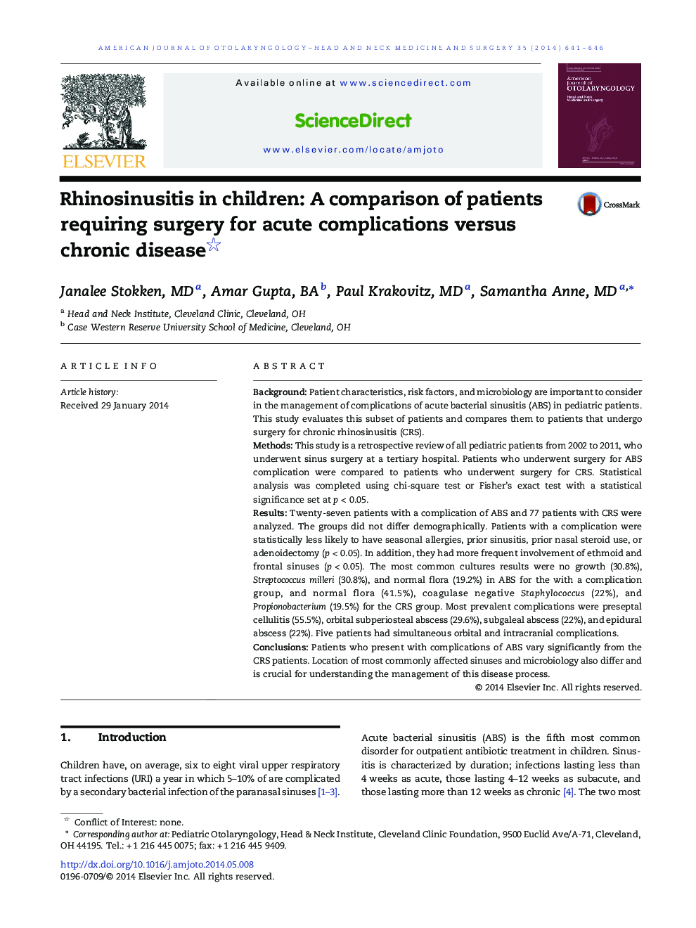 Rhinosinusitis in children: A comparison of patients requiring surgery for acute complications versus chronic disease 
