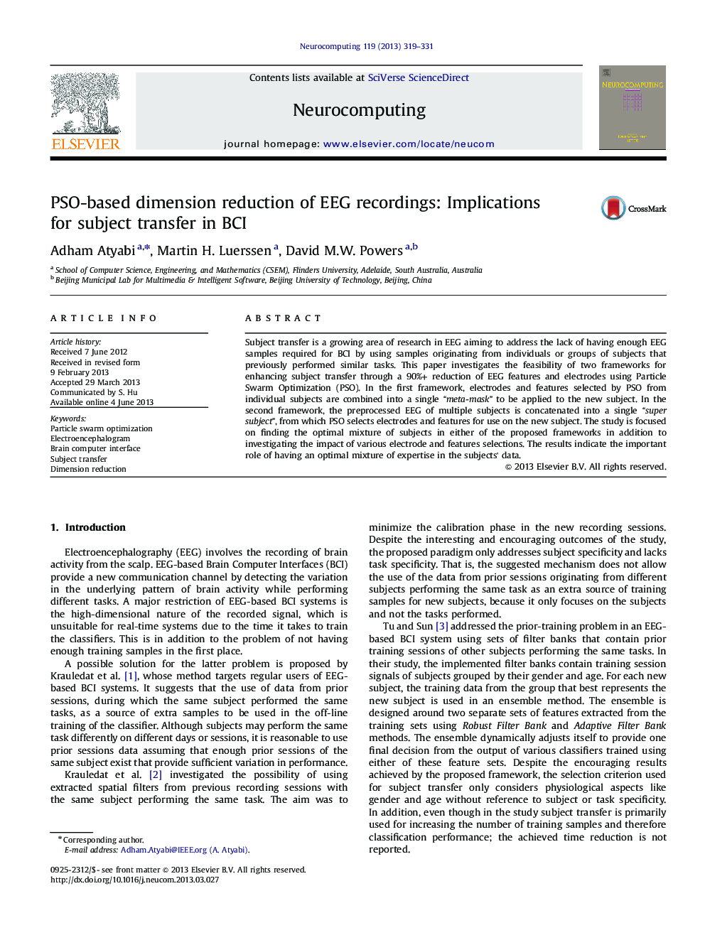 PSO-based dimension reduction of EEG recordings: Implications for subject transfer in BCI