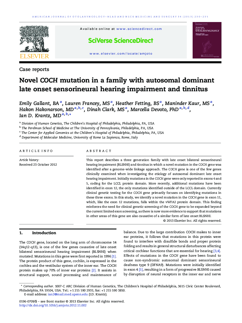 Novel COCH mutation in a family with autosomal dominant late onset sensorineural hearing impairment and tinnitus