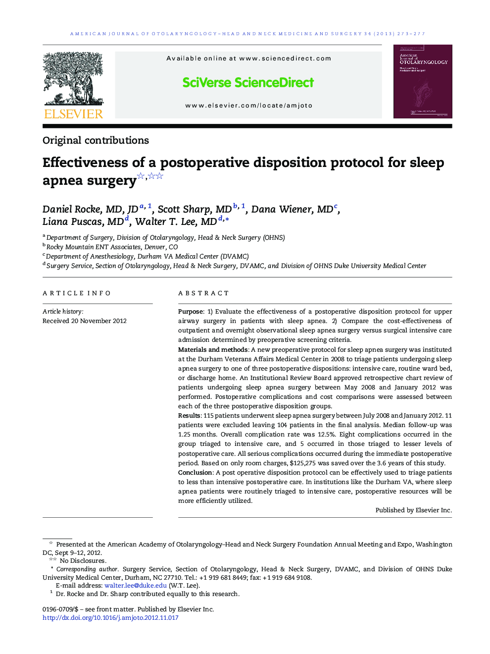 Effectiveness of a postoperative disposition protocol for sleep apnea surgery 