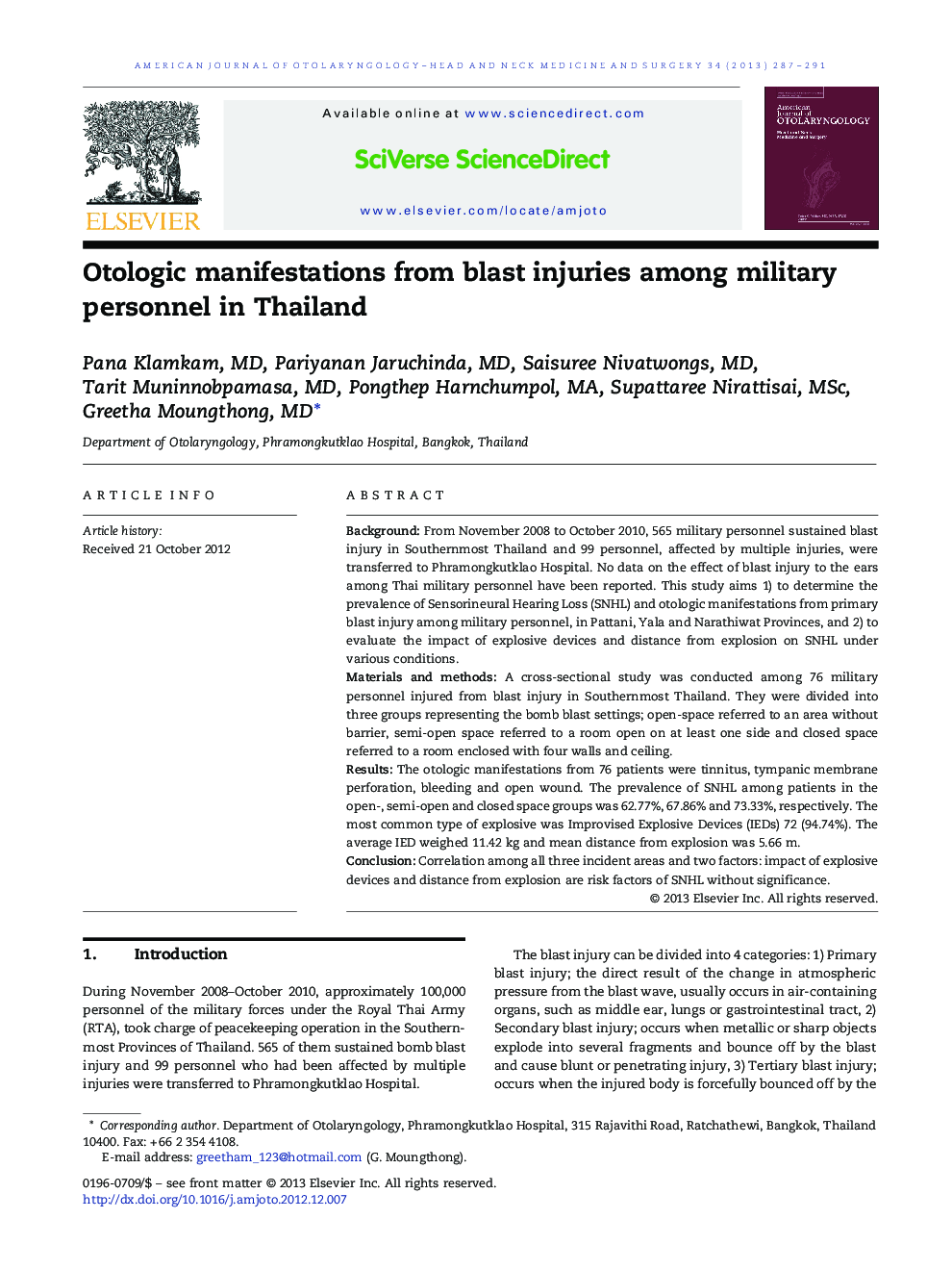 Otologic manifestations from blast injuries among military personnel in Thailand