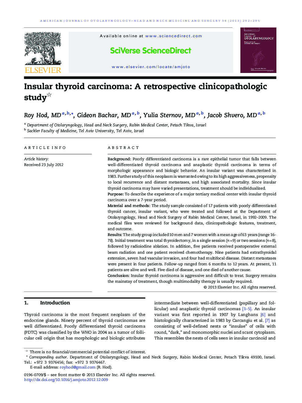 Insular thyroid carcinoma: A retrospective clinicopathologic study 