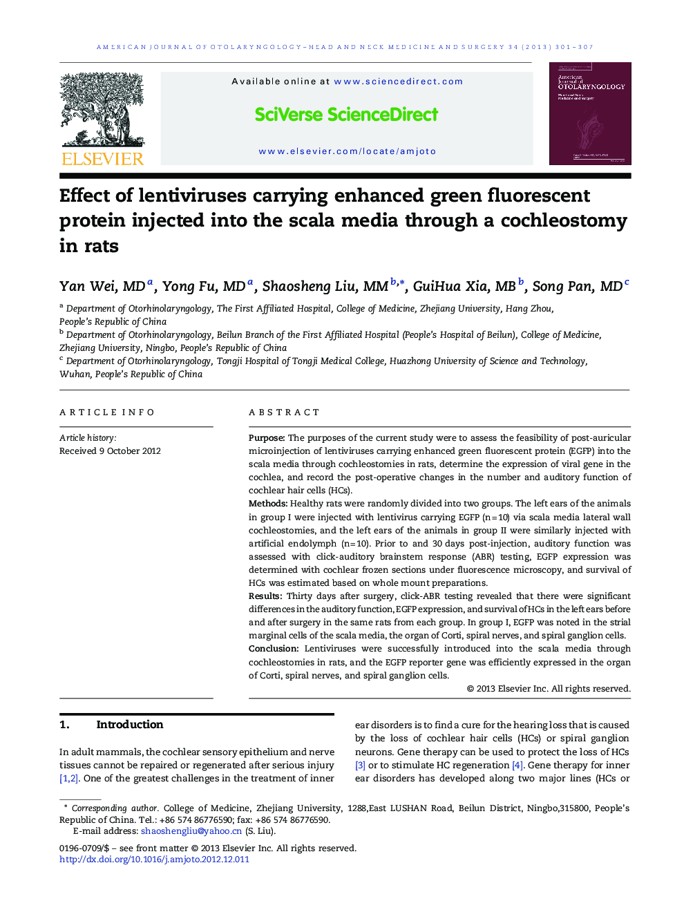 Effect of lentiviruses carrying enhanced green fluorescent protein injected into the scala media through a cochleostomy in rats