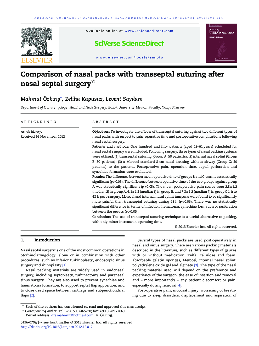 Comparison of nasal packs with transseptal suturing after nasal septal surgery ★