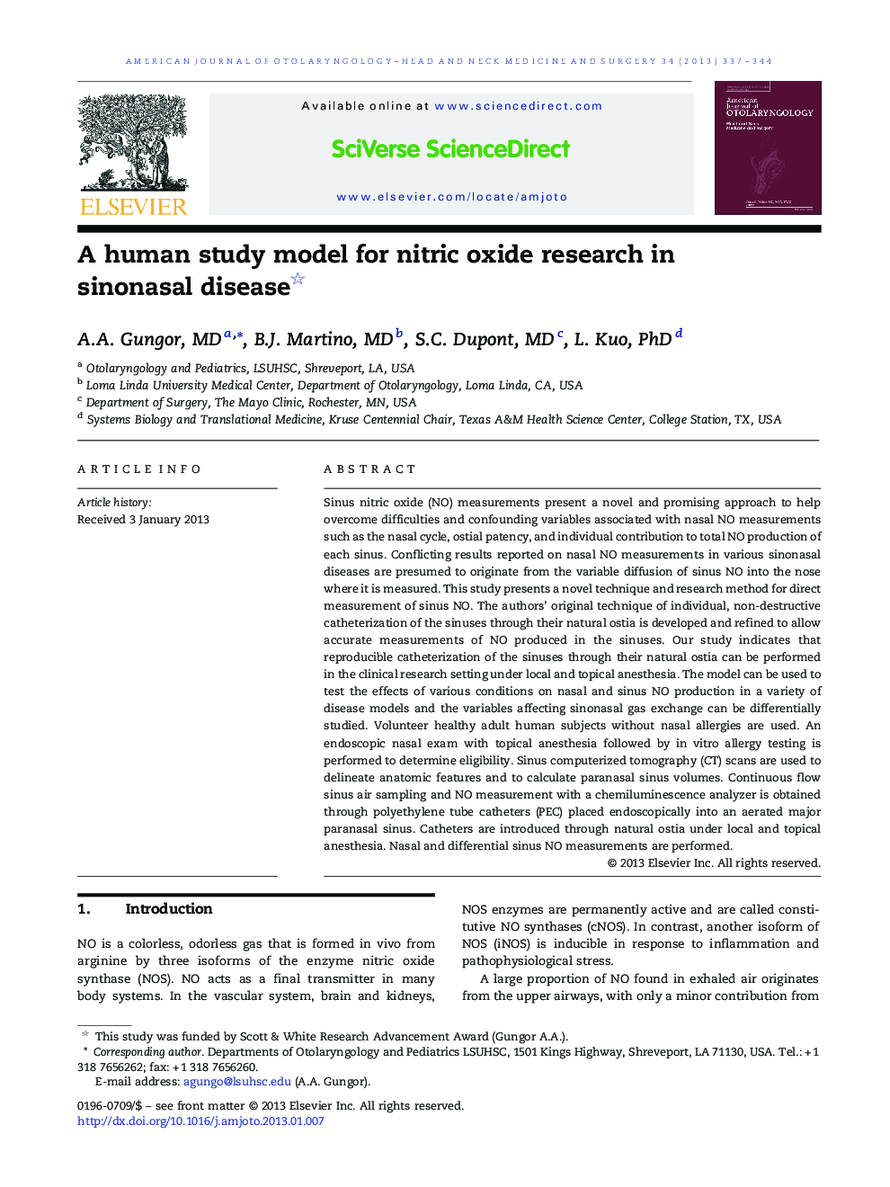 A human study model for nitric oxide research in sinonasal disease 