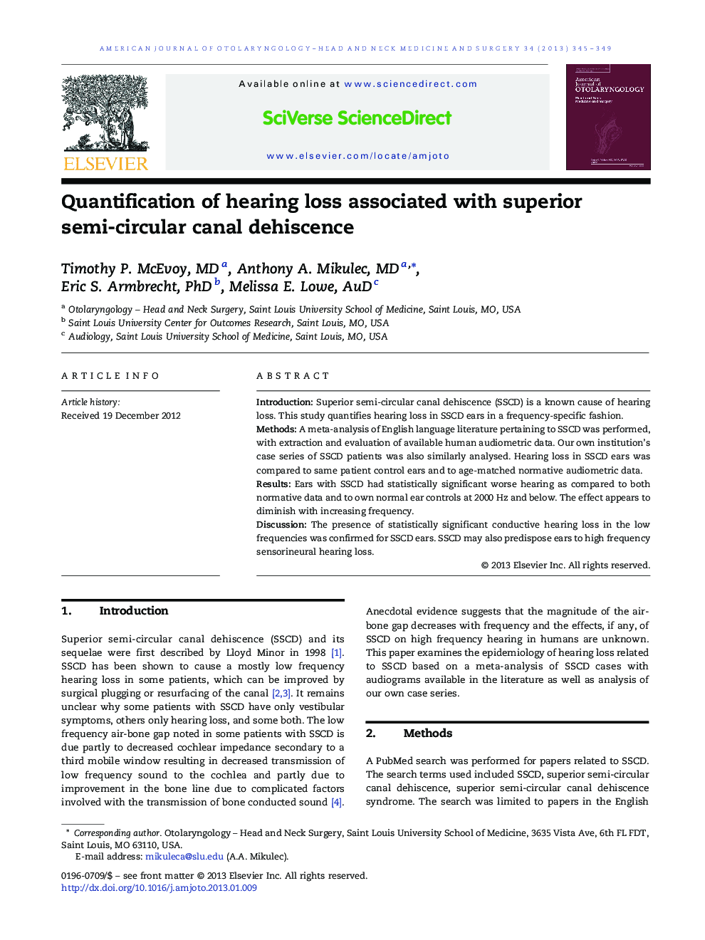 Quantification of hearing loss associated with superior semi-circular canal dehiscence