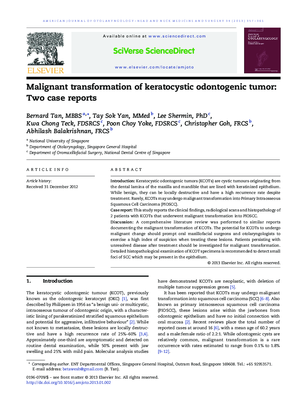 Malignant transformation of keratocystic odontogenic tumor: Two case reports