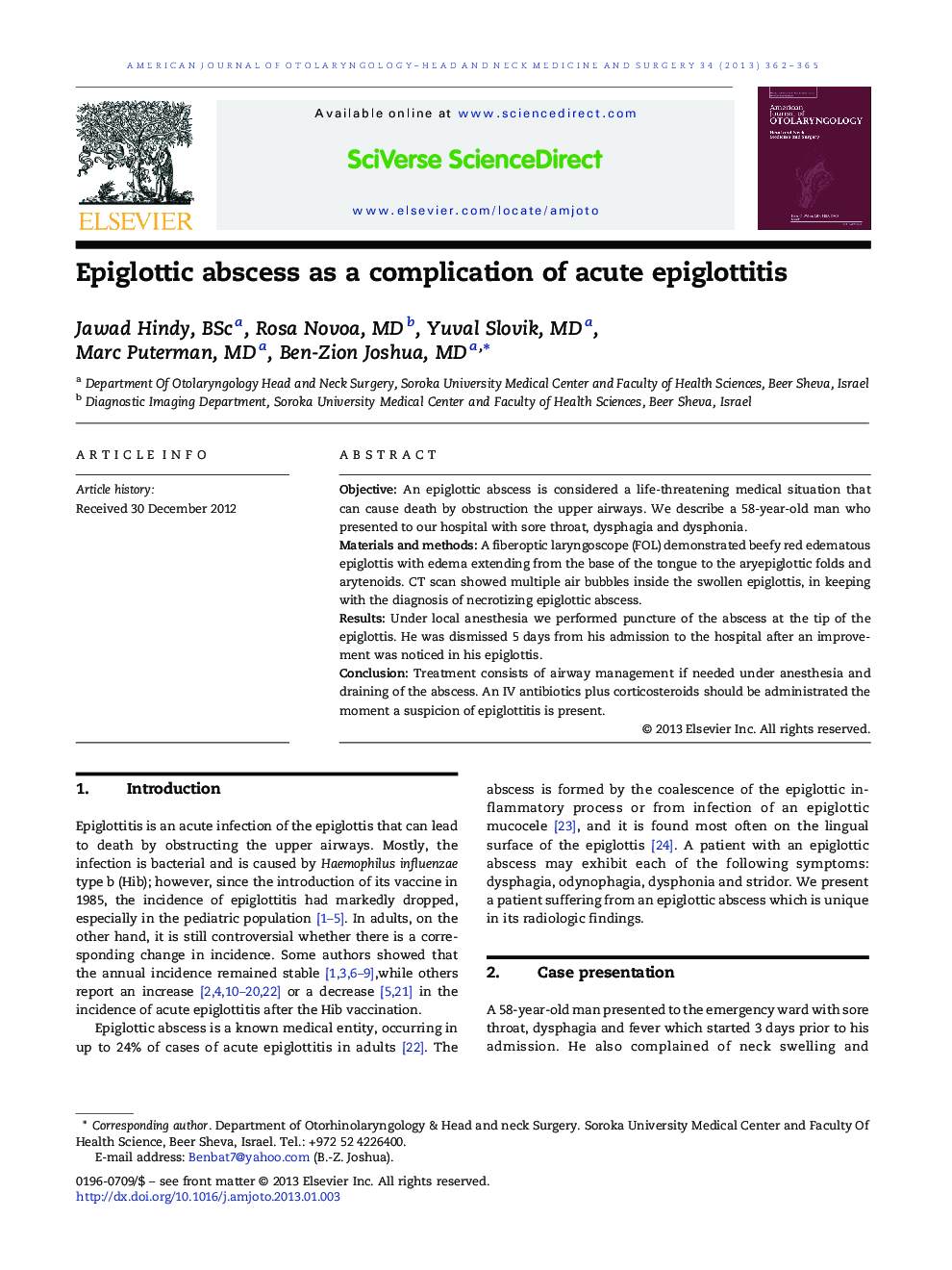 Epiglottic abscess as a complication of acute epiglottitis