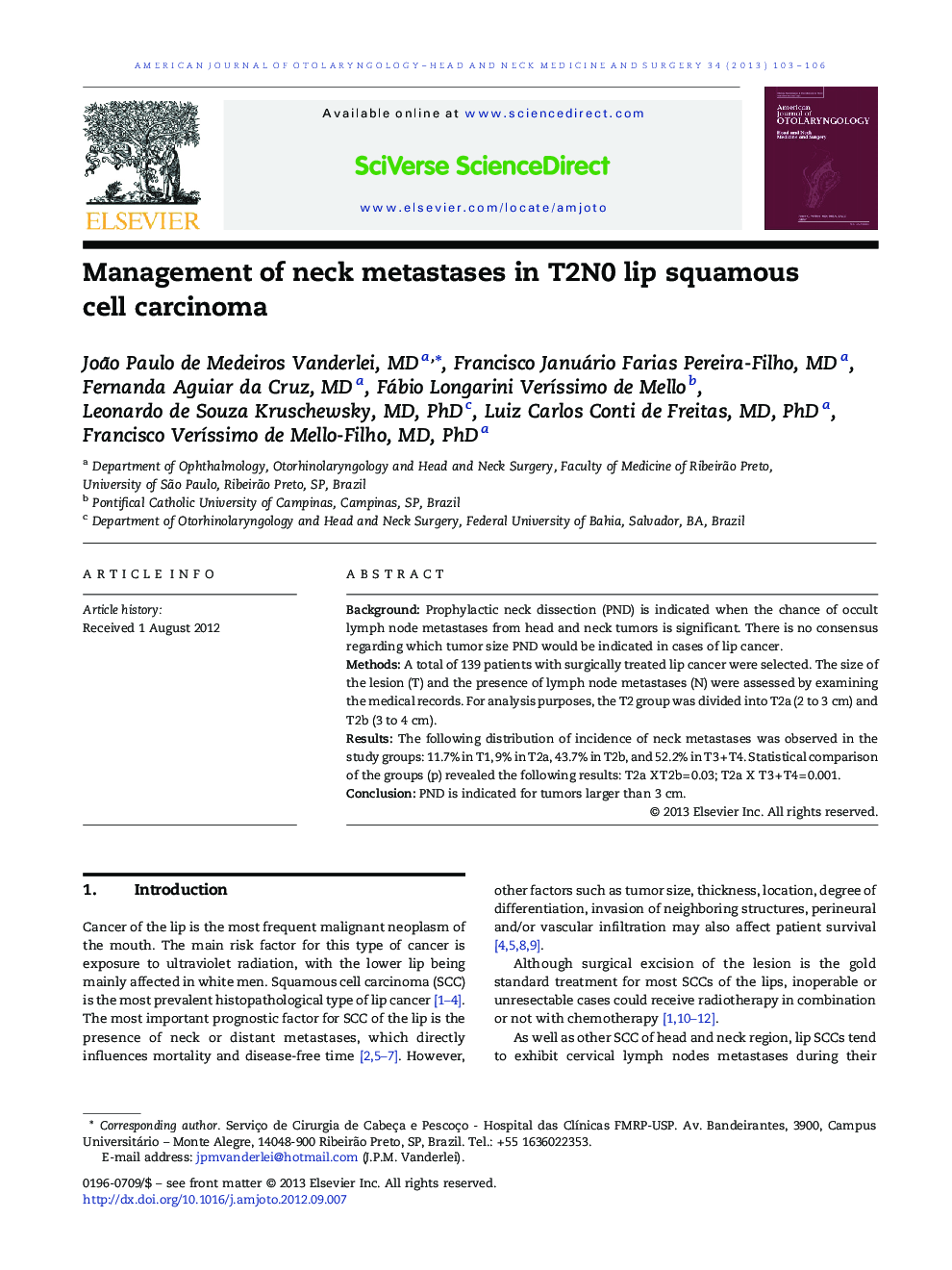 Management of neck metastases in T2N0 lip squamous cell carcinoma