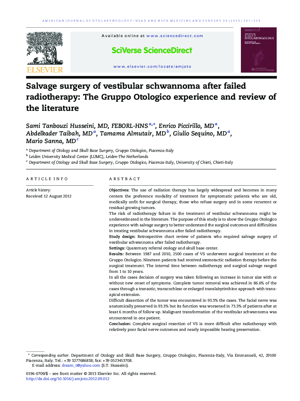 Salvage surgery of vestibular schwannoma after failed radiotherapy: The Gruppo Otologico experience and review of the literature