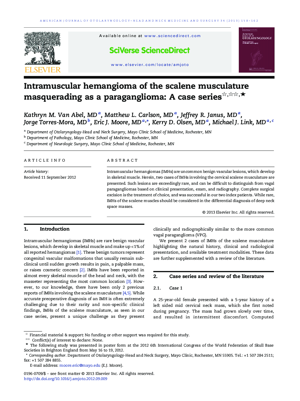 Intramuscular hemangioma of the scalene musculature masquerading as a paraganglioma: A case series ★