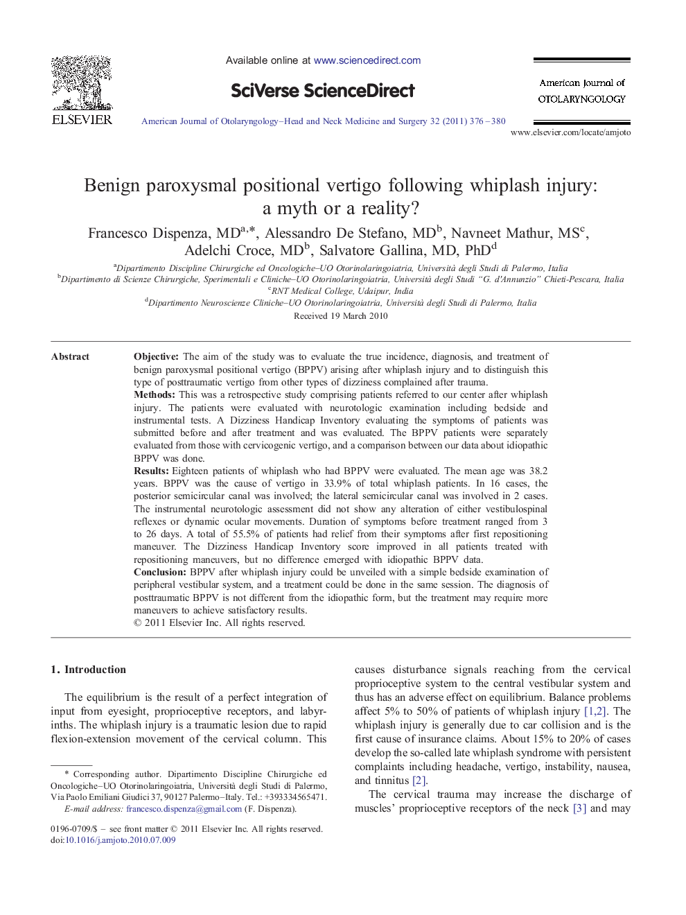 Benign paroxysmal positional vertigo following whiplash injury: a myth or a reality?