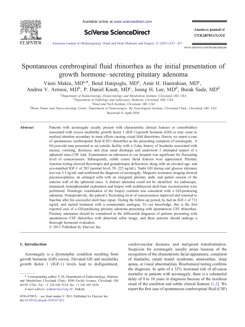 Spontaneous cerebrospinal fluid rhinorrhea as the initial presentation of growth hormone-secreting pituitary adenoma