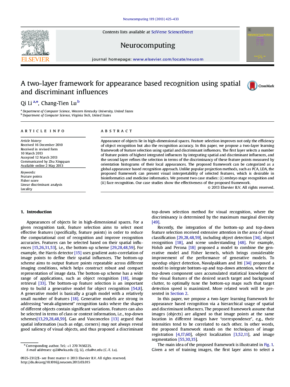 A two-layer framework for appearance based recognition using spatial and discriminant influences