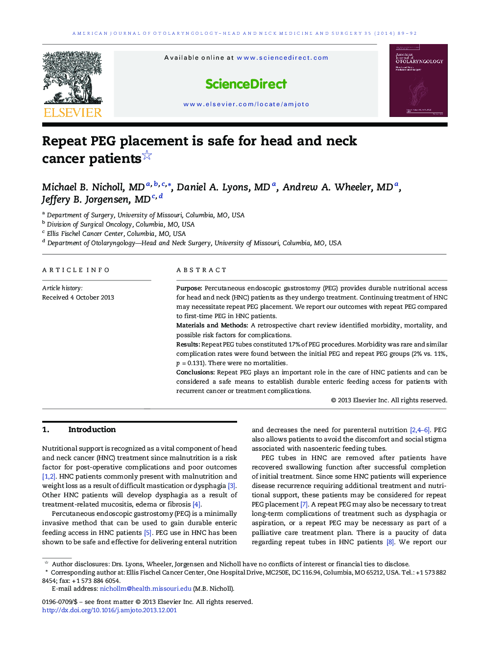 Repeat PEG placement is safe for head and neck cancer patients 