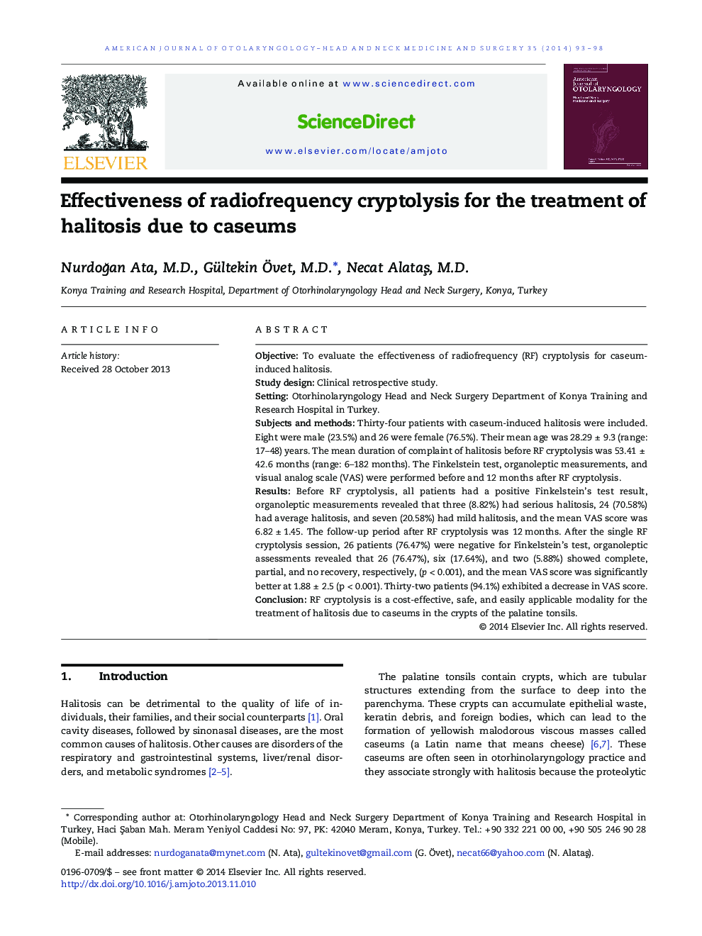 Effectiveness of radiofrequency cryptolysis for the treatment of halitosis due to caseums