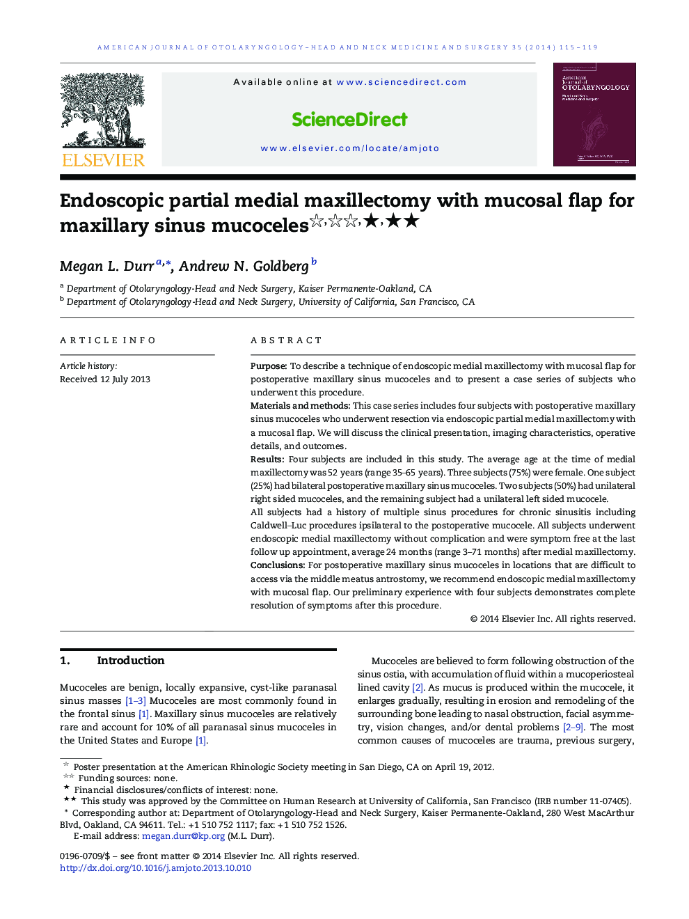 Endoscopic partial medial maxillectomy with mucosal flap for maxillary sinus mucoceles ★★★