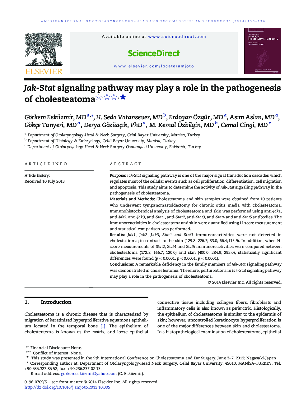 Jak-Stat signaling pathway may play a role in the pathogenesis of cholesteatoma ★