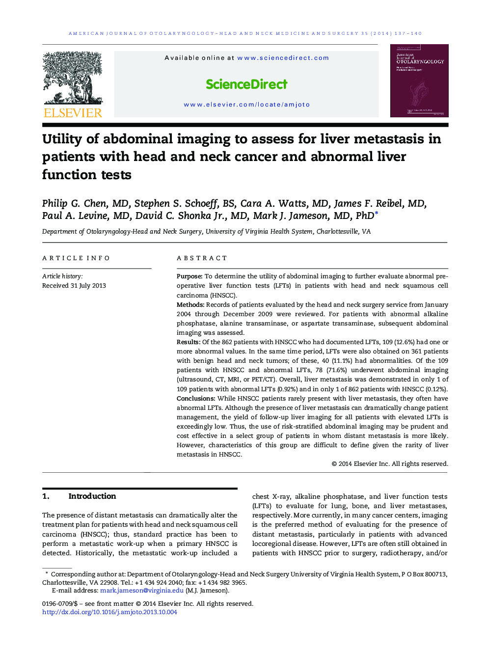 Utility of abdominal imaging to assess for liver metastasis in patients with head and neck cancer and abnormal liver function tests