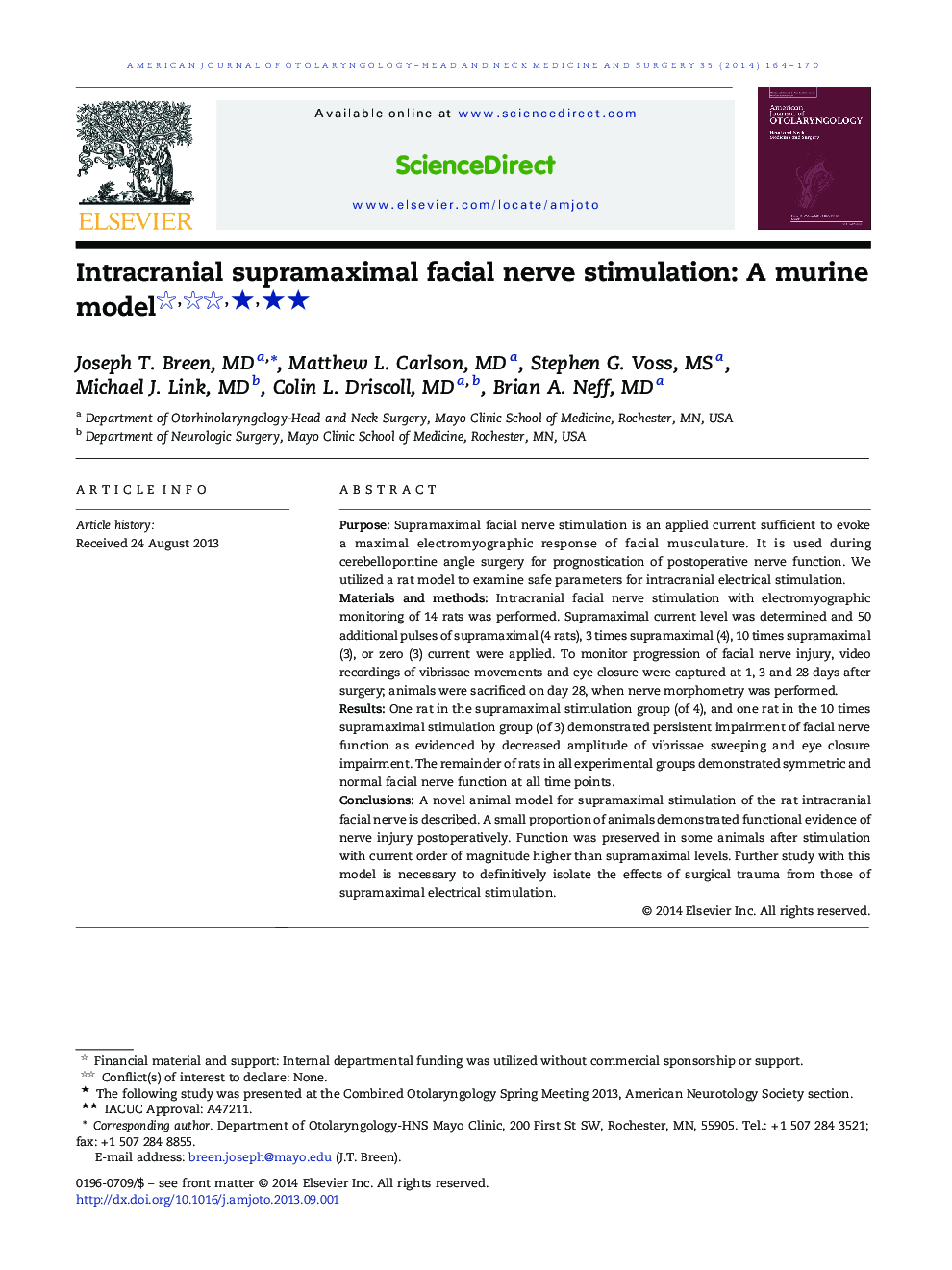 Intracranial supramaximal facial nerve stimulation: A murine model ★★★