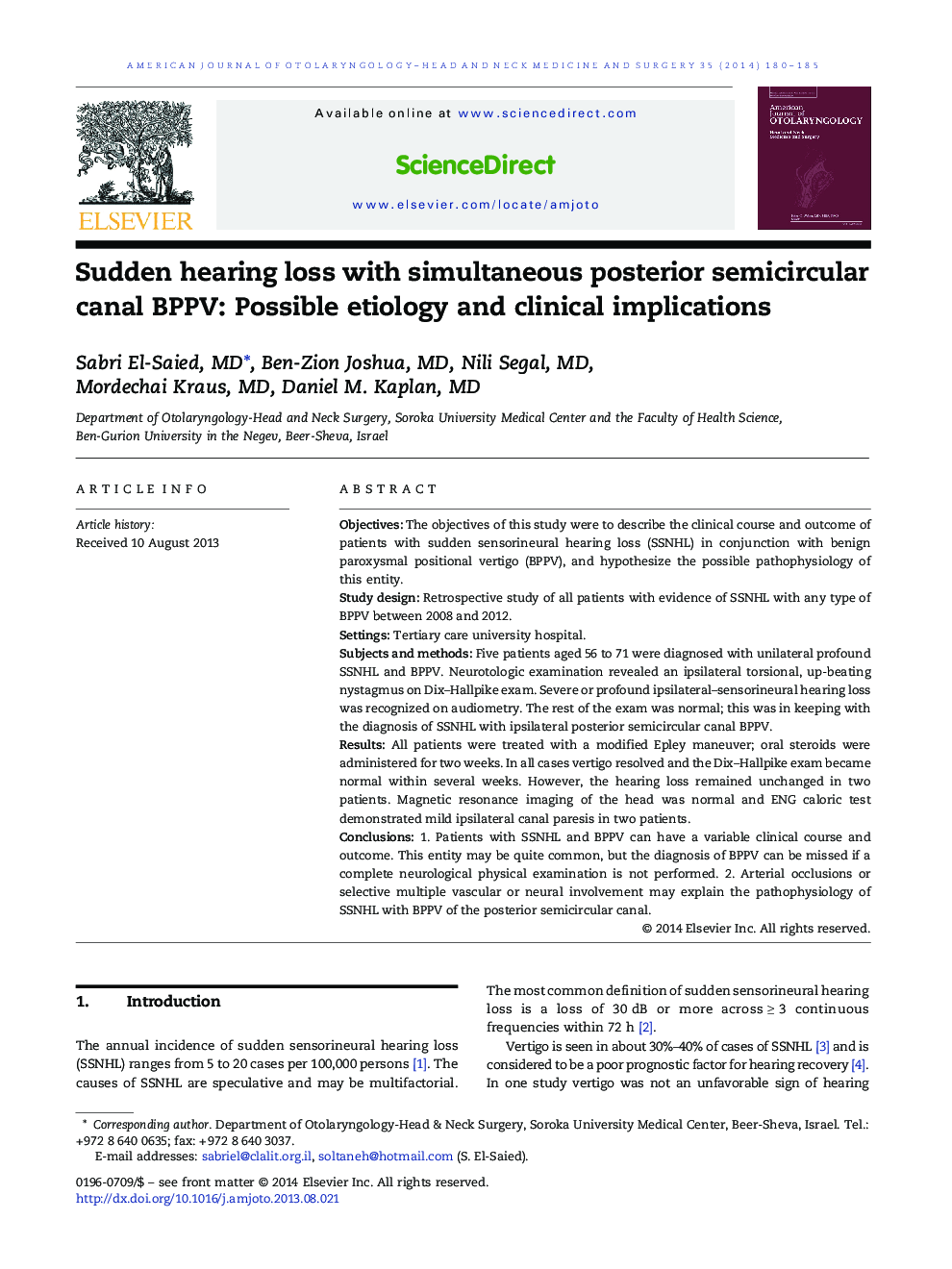 Sudden hearing loss with simultaneous posterior semicircular canal BPPV: Possible etiology and clinical implications