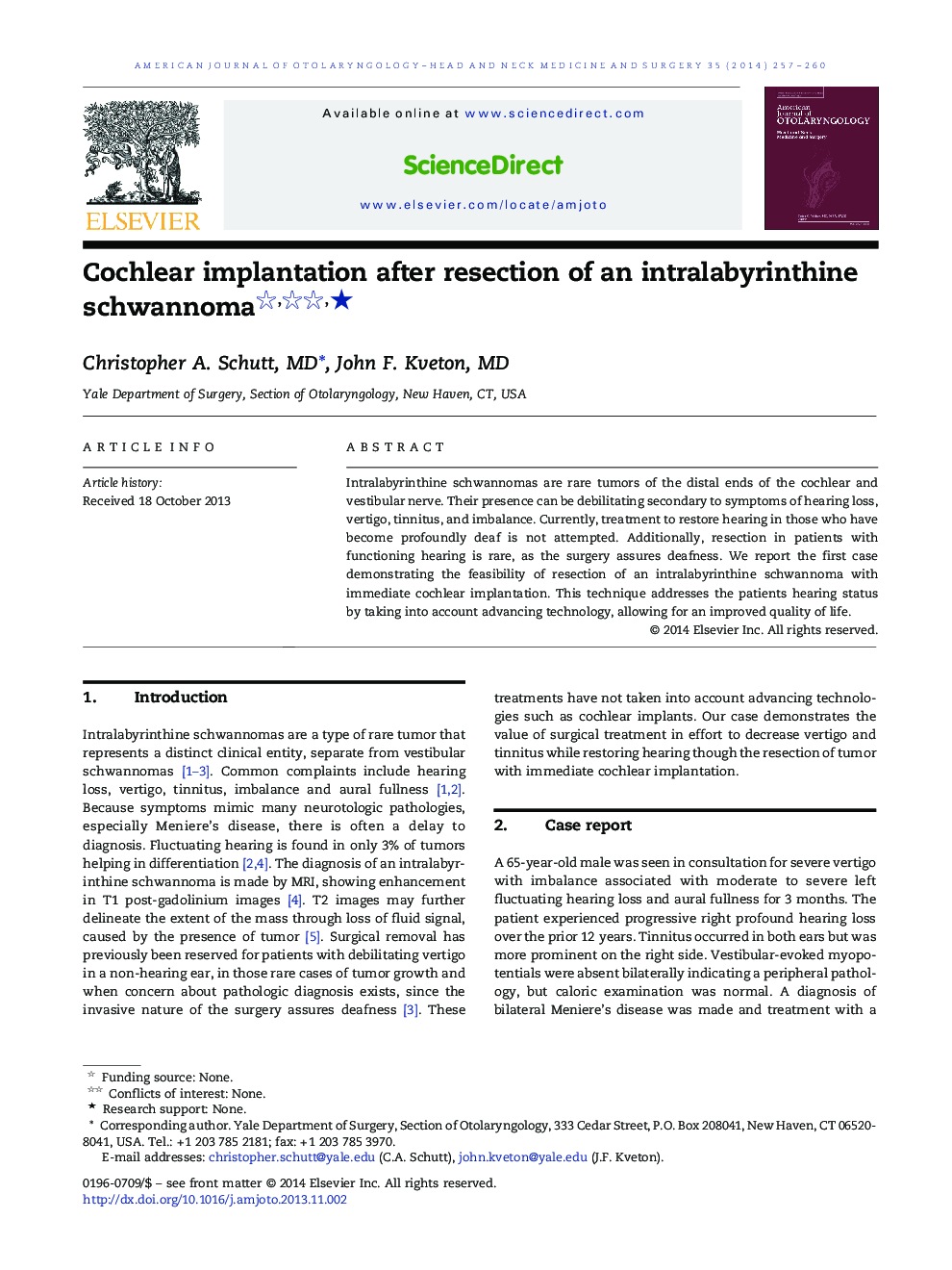 Cochlear implantation after resection of an intralabyrinthine schwannoma ★