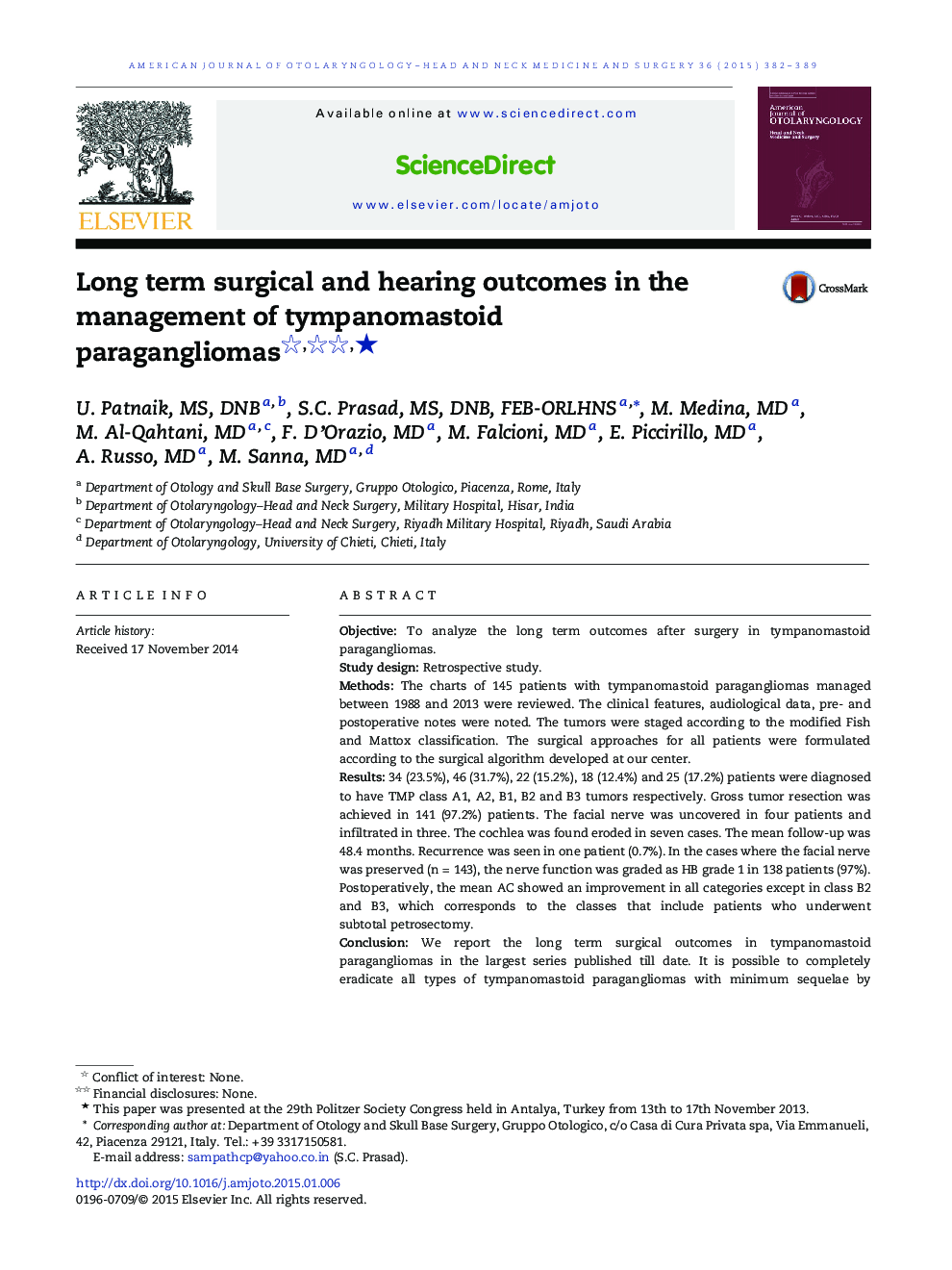 Long term surgical and hearing outcomes in the management of tympanomastoid paragangliomas ★