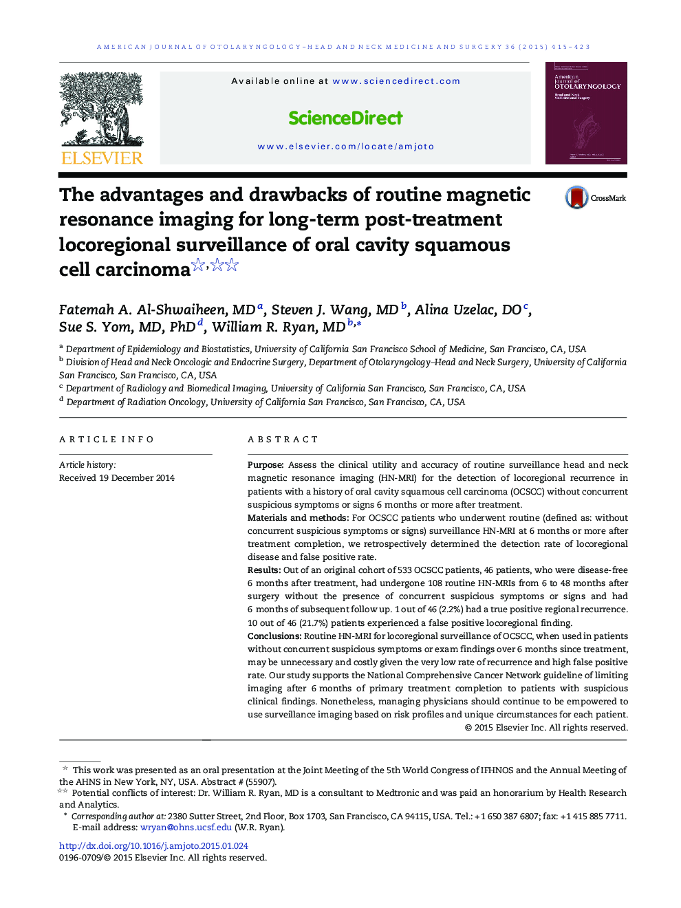 The advantages and drawbacks of routine magnetic resonance imaging for long-term post-treatment locoregional surveillance of oral cavity squamous cell carcinoma