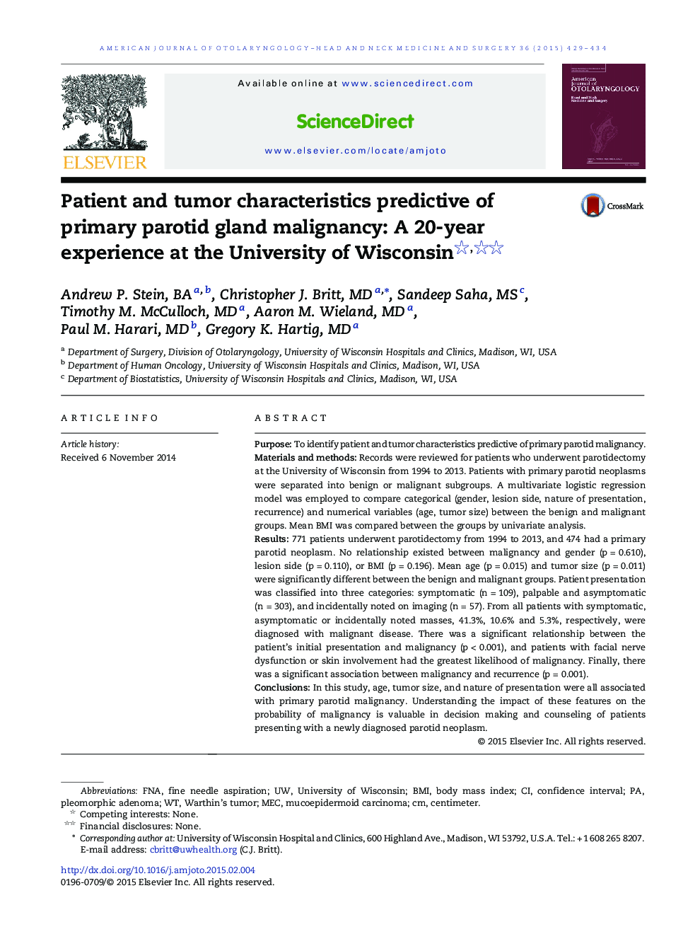 Patient and tumor characteristics predictive of primary parotid gland malignancy: A 20-year experience at the University of Wisconsin 