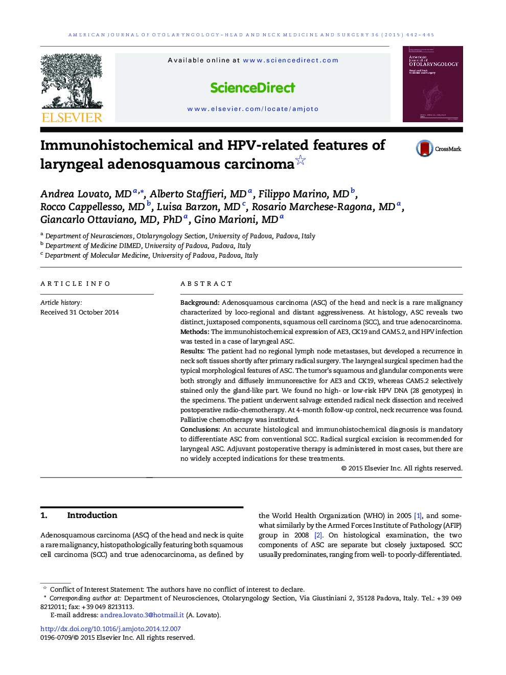 Immunohistochemical and HPV-related features of laryngeal adenosquamous carcinoma 