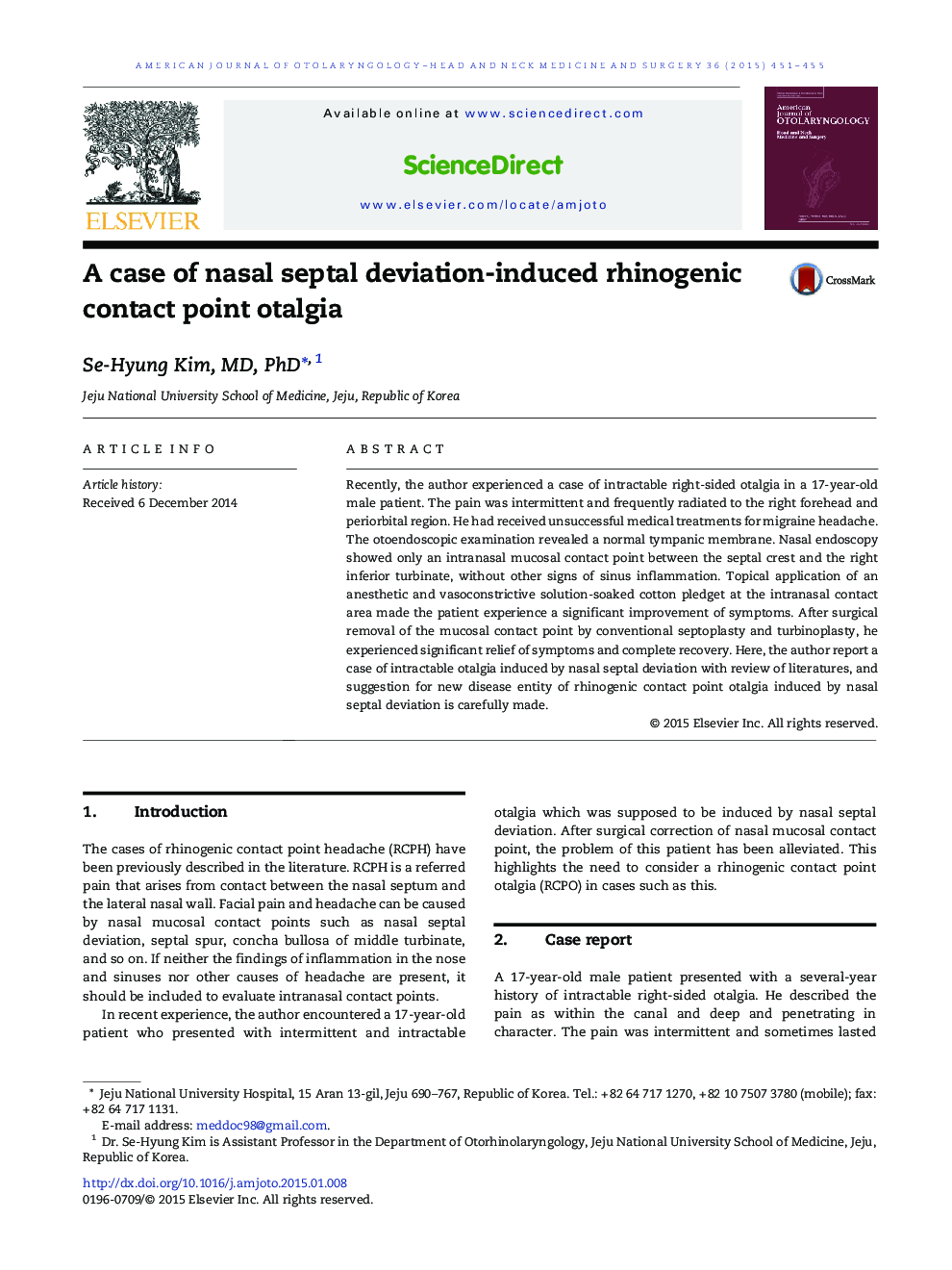 A case of nasal septal deviation-induced rhinogenic contact point otalgia