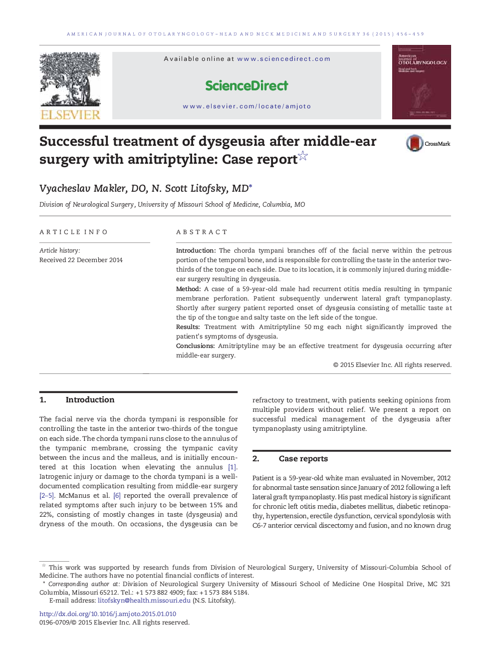 Successful treatment of dysgeusia after middle-ear surgery with amitriptyline: Case report 