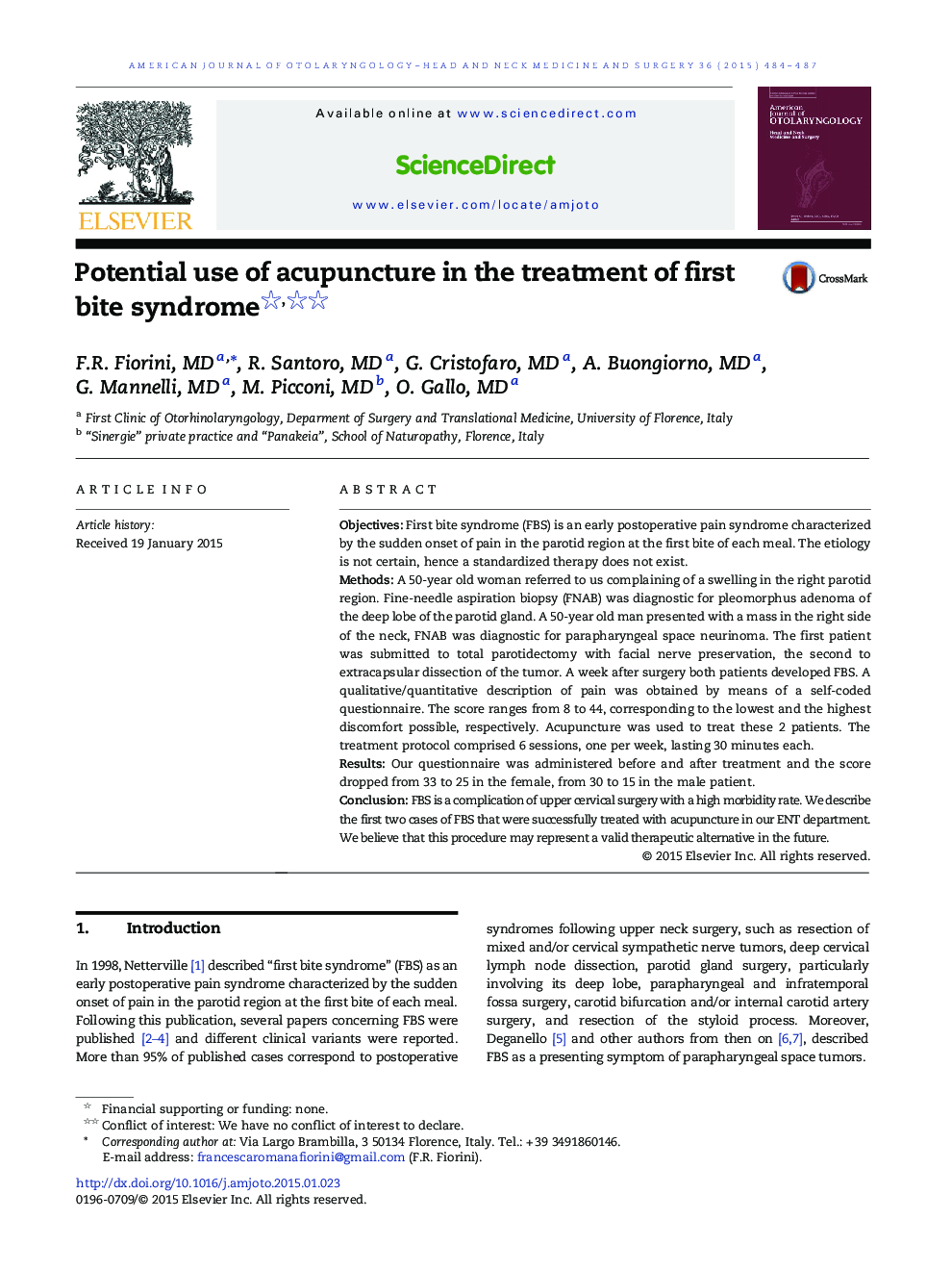 Potential use of acupuncture in the treatment of first bite syndrome 