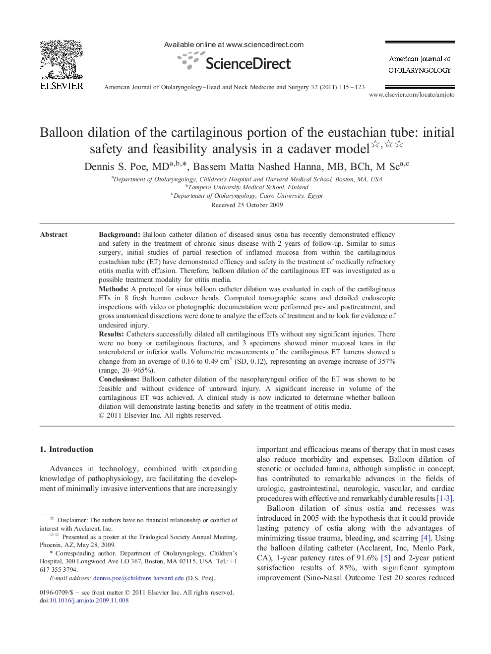 Balloon dilation of the cartilaginous portion of the eustachian tube: initial safety and feasibility analysis in a cadaver model 