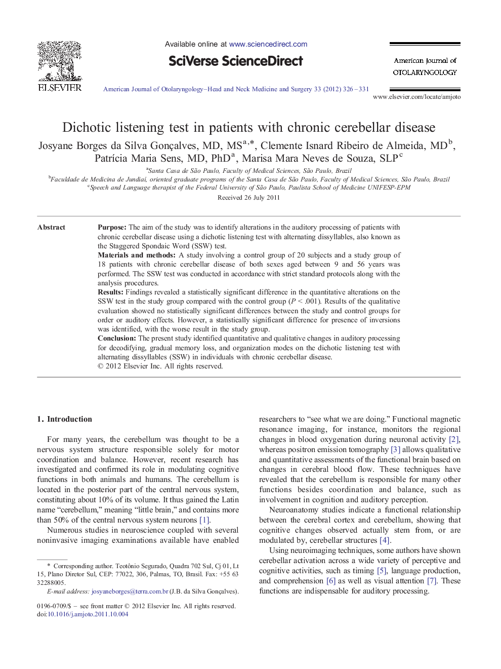 Dichotic listening test in patients with chronic cerebellar disease