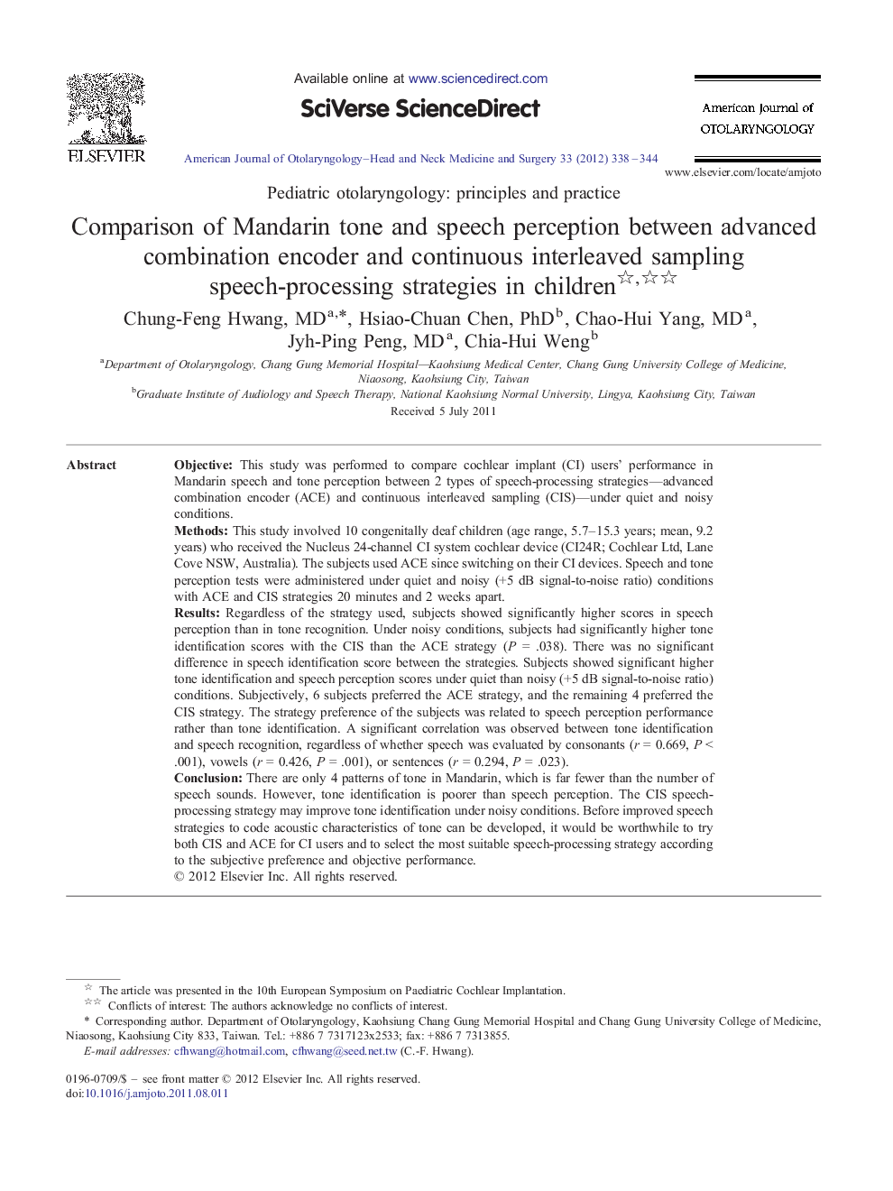 Comparison of Mandarin tone and speech perception between advanced combination encoder and continuous interleaved sampling speech-processing strategies in children 