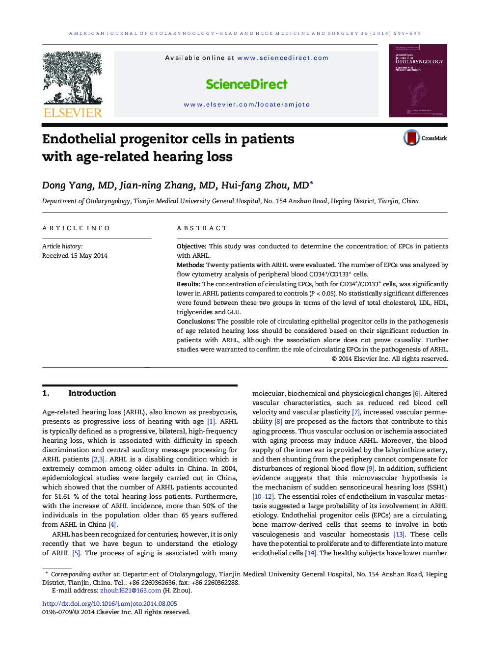 Endothelial progenitor cells in patients with age-related hearing loss