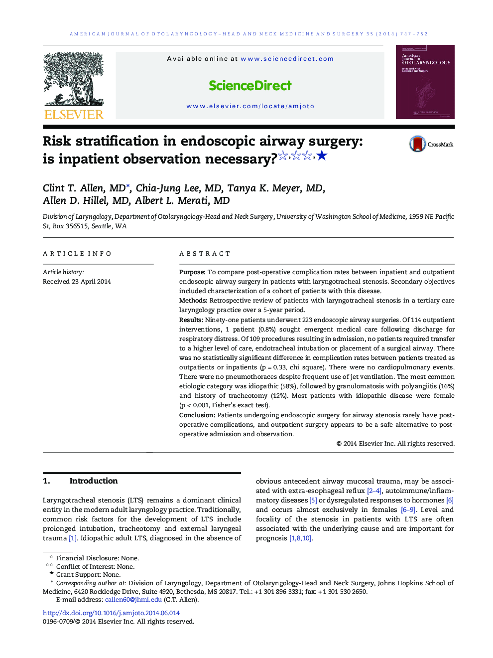 Risk stratification in endoscopic airway surgery: is inpatient observation necessary? ★