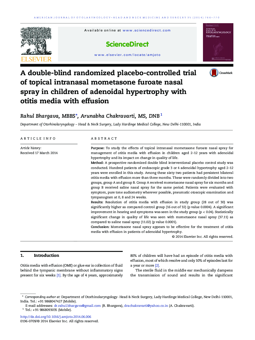 A double-blind randomized placebo-controlled trial of topical intranasal mometasone furoate nasal spray in children of adenoidal hypertrophy with otitis media with effusion