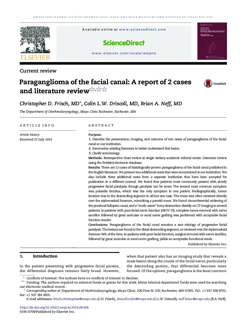 Paraganglioma of the facial canal: A report of 2 cases and literature review 