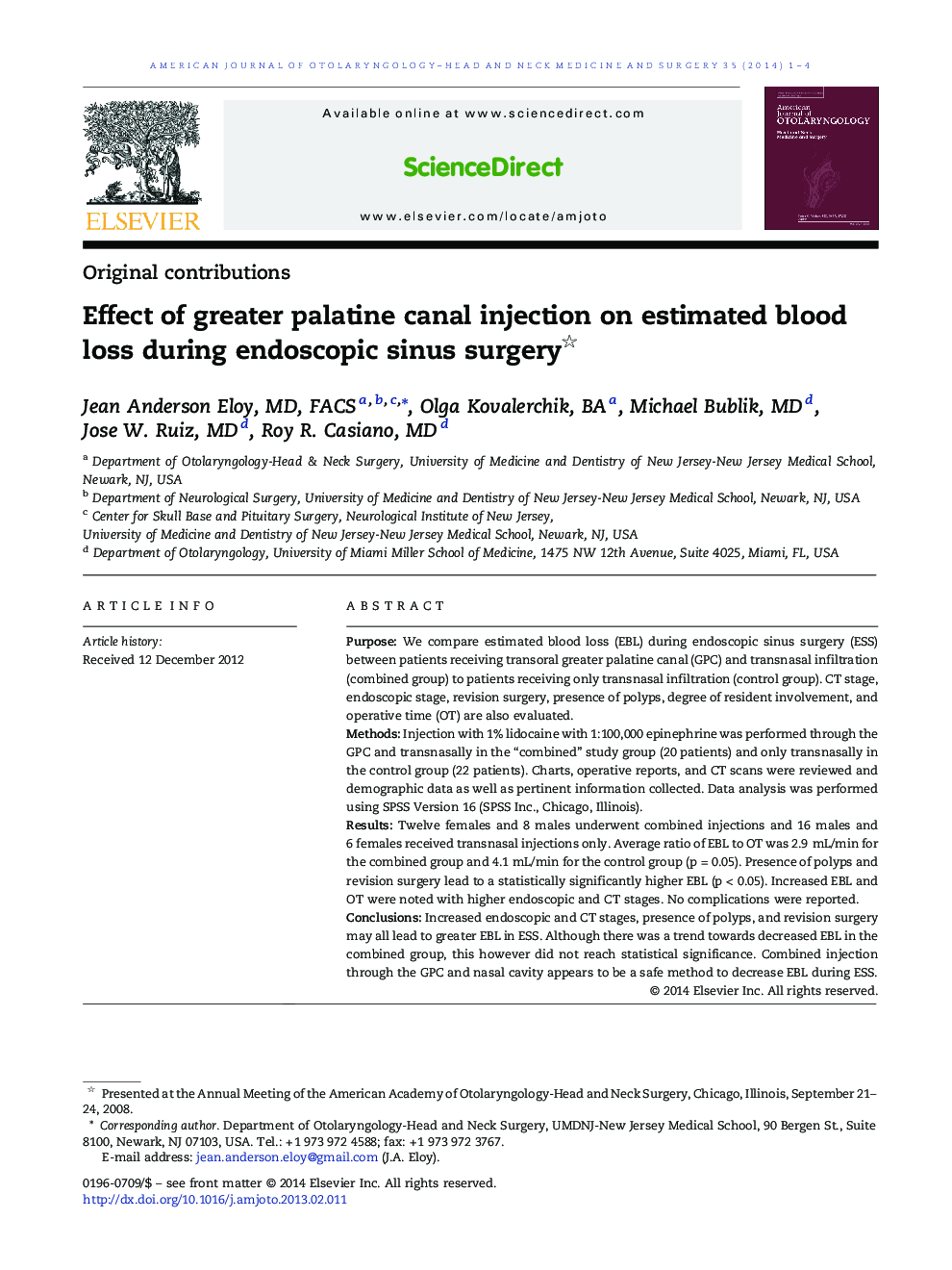 Effect of greater palatine canal injection on estimated blood loss during endoscopic sinus surgery 