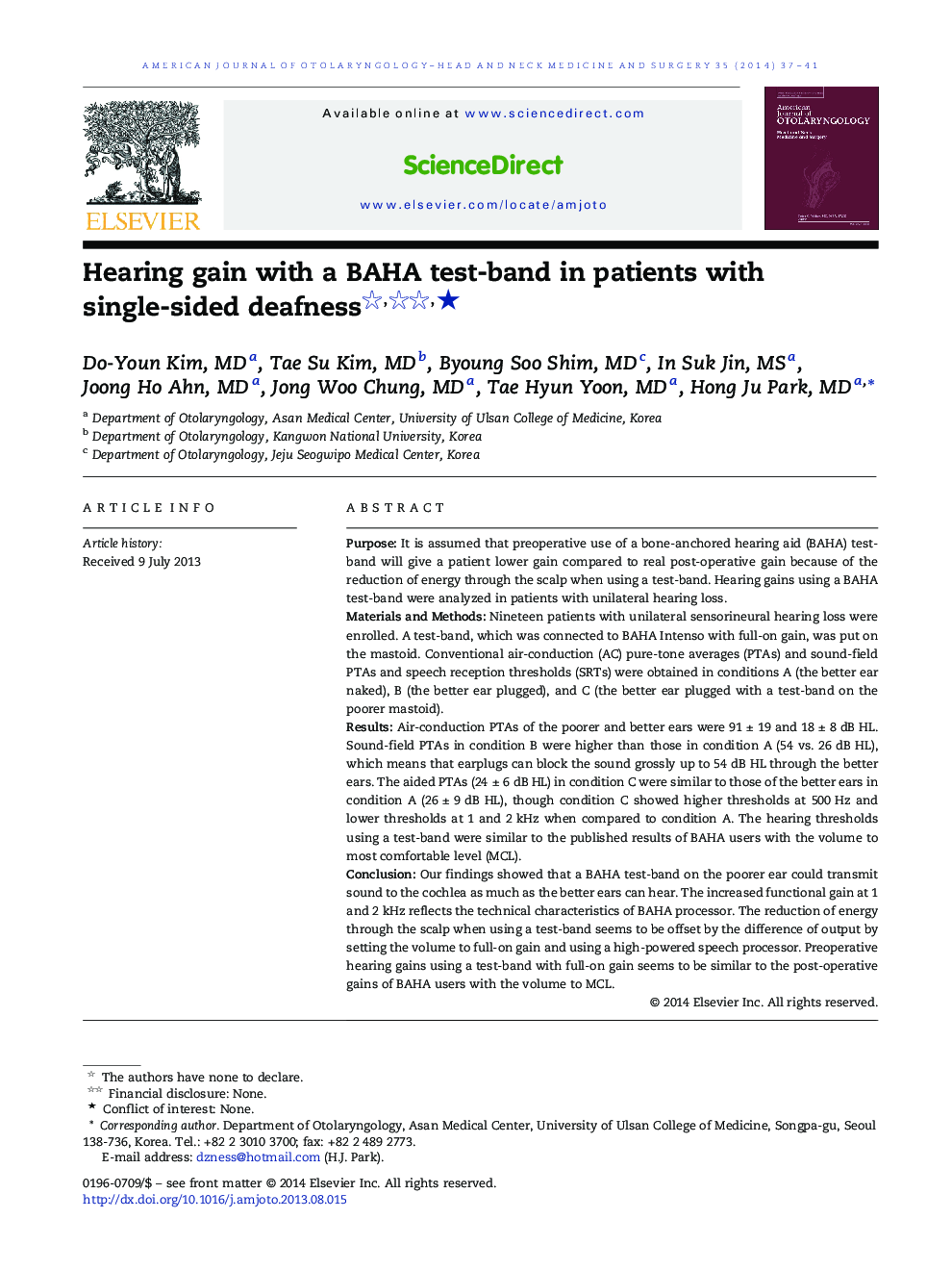 Hearing gain with a BAHA test-band in patients with single-sided deafness ★